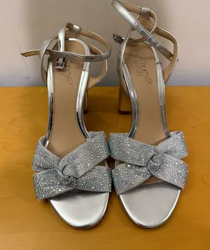 Badgley Mischka Silver Crystal Bow Ankle-Strap Heels thumbnail 1