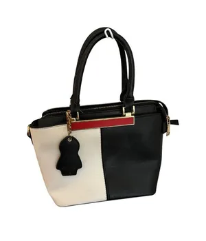 Color Block Satchel Handbag Penguin Charm Structured Faux Leather Black White thumbnail 1