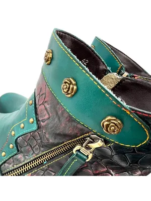 Boho Lagenlook Festival Teal Leather Ankle Boots Snake Print Stud Detail Size 42 thumbnail 12
