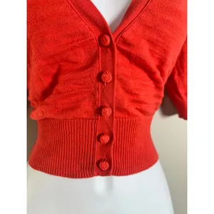 Banana Republic Womens M Coral Red Cotton Cropped‎ Short Sleeve Cardigan Sweater thumbnail 3