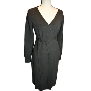 Abercrombie & Fitch Ribbed Knit Wrap Belted Midi Sweater Dress char Grey Large thumbnail 2