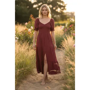 Abercrombie & Fitch Burgundy Red Smocked Puff Sleeve Slit Maxi Dress Size XS thumbnail 2