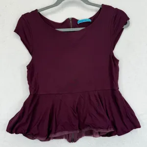 Alice + Olivia Top Womens‎ Sz S Peplum Short Sleeve Maroon Rayon Silk Blend READ thumbnail 1