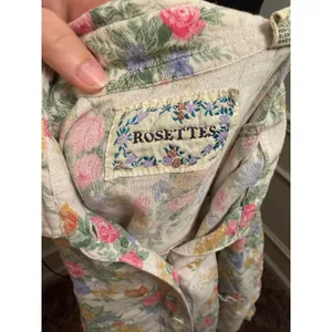 Vintage Rosettes Floral Linen Blend Top Cottage Button Up Short Sleeve Blouse thumbnail 6