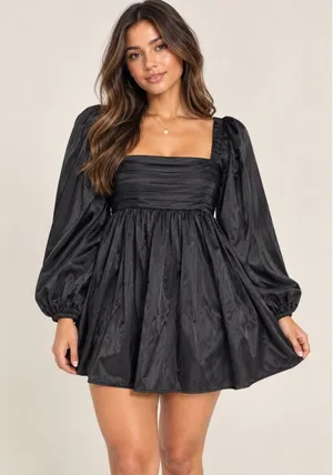 Abercrombie Emerson Satin Mini Dress Black Long Sleeve Babydoll Pleated MT Tall thumbnail 1