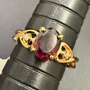 Vintage 14K HGE Heavy Gold Electroplated Genuine Garnet & Diamond Ring Size 7 thumbnail 7