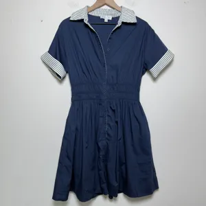 SHE + SKY Women Cotton Preppy Shirt Dress Small Navy Smocked Waist Striped Trim thumbnail 2