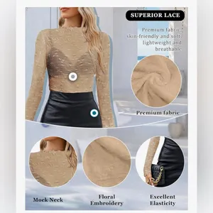 NEW Mesh Mock Neck Layering Long Sleeve Floral Lace See Through Blouse Top XL thumbnail 2