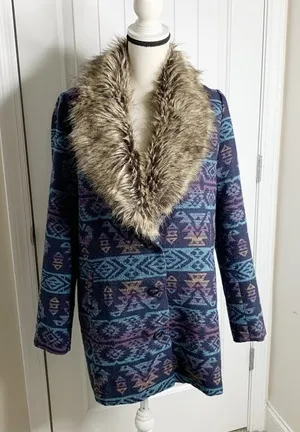 Anthropologie aztec faux fur bomber southwestern wool‎ jacket medium mob wife thumbnail 1