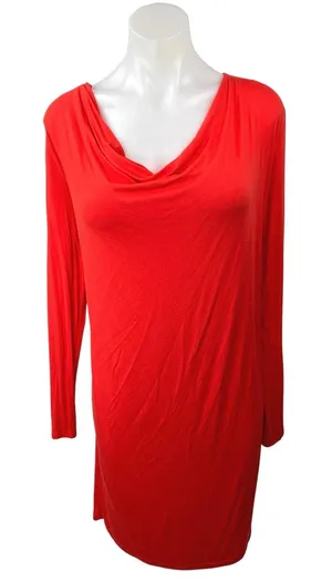 Ganni Red Cowl Neck Long Sleeve Stretch Pull On Mini Bodycon Sweater Dress XS thumbnail 1