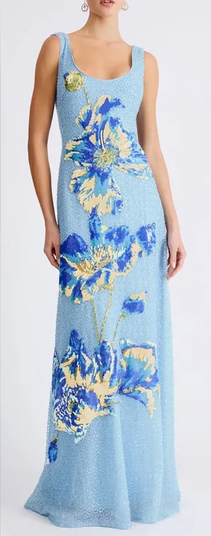 NEW HELSI Jackie Floral Beaded Baby Blue Gown Sz L thumbnail 1