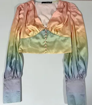 Pastel Rainbow Ombré Satin Button-Up Long Sleeve Shirt Top Blouse Size S 🎀✨ thumbnail 1