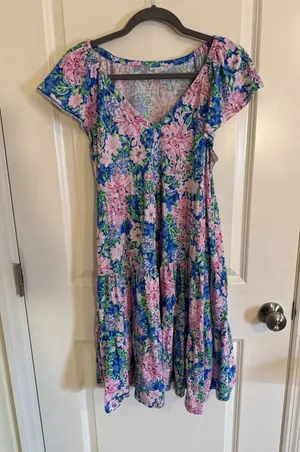 Lilly Pulitzer Kawai Flutter Sleeve V-Neck Dress Multi Spring in Your Step M thumbnail 1
