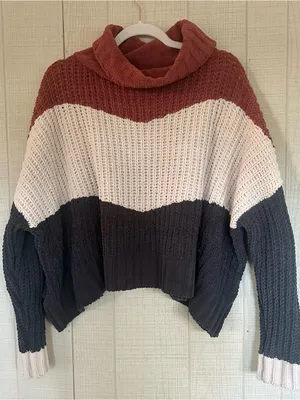 POL clothing Sweater soft cozy turtleneck colorblock cable knitting oversized S thumbnail 3