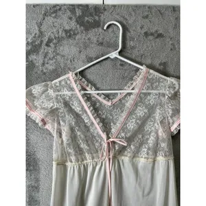 Vintage Lace Nightgown Dainty Ivory Pink‎ Sheer Cottagecore Romantic Milkmaid SM thumbnail 2