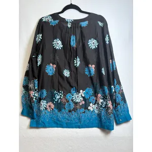 Loft Floral Border Print Split Neck Blouse Black Blue Boho Top Medium thumbnail 4