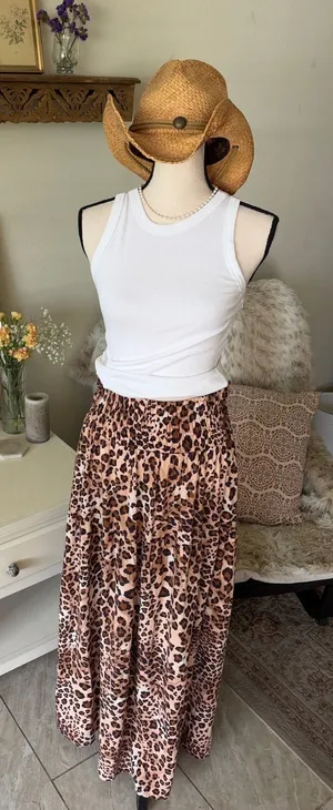 Paper heart pull on boho leopard print linen maxi skirt L thumbnail 1