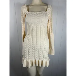ASOS DESIGN long sleeve cable knit mini dress with frills lace up detail Size 8 thumbnail 3