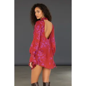 Free‎ People Aries Open Back Floral Long Sleeve Mini Dress Red XS thumbnail 2
