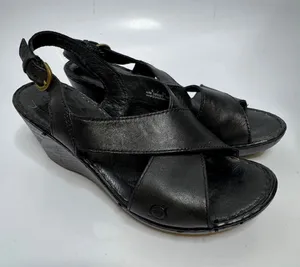 Born Wedge Sandals Womens 8 Black Good Leather Crisscross Slingback D99503 thumbnail 1