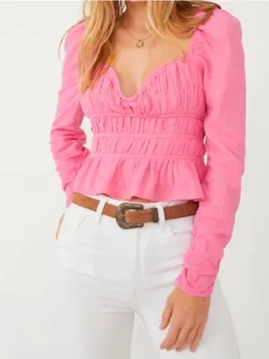 Free People Chloe Top Barbie Pink Smock Ruched Juliet Ruffle Top XS Summer Cutie thumbnail 6