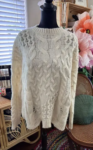 Free People Chunky Distressed Cable Knit Preppy Boho Hippie Chic Montauk Sweater thumbnail 1