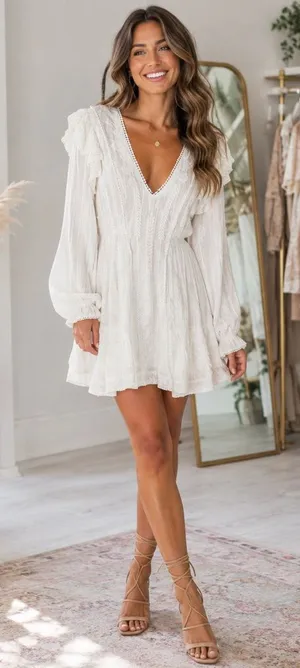 Free People White Embroidered Boho Mini Dress with Long Sleeves thumbnail 1