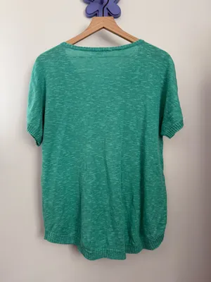 Eileen Fisher Large Linen Short Sleeve Tee Teal V Neck Beach Tropical Relaxed thumbnail 3
