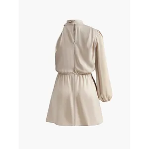 Commense Satin Elegant Asymmetrical One Sleeve Pleated Draped Dress Apricot S thumbnail 5