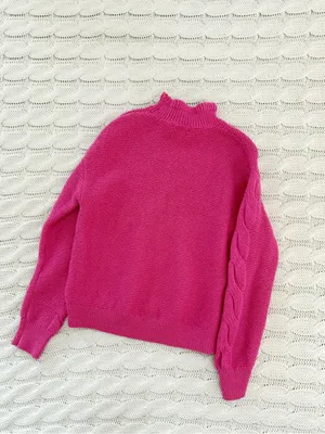 J. Crew Pink Cable-Trim Mock Neck Sweater thumbnail 3
