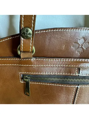 Patricia Nash Cognac Leather Tote Shoulder Bag Contrast Stitching Large Zip Top thumbnail 4