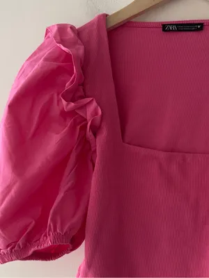 ZARA Hot Pink Puff Sleeve Square Neck Ribbed Crop Top thumbnail 3