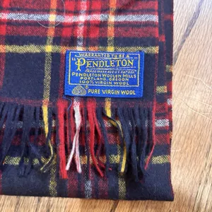 VTG Pendleton Wool‎ Scarf Plaid Tartan Fringe Red Navy Yellow 100% Virgin Wool thumbnail 3