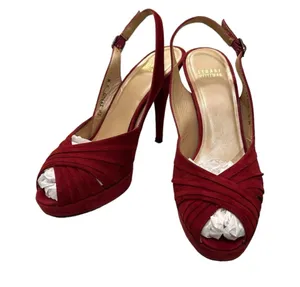 Burgundy Red Pleated Suede Peep Toe Platform Slingback Pumps 8M thumbnail 1