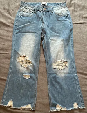 Melarey Blue Distressed Wide Leg Jeans Light Wash Frayed Hem Size L thumbnail 1