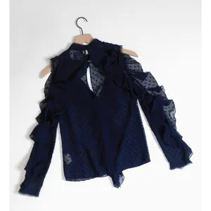 NICHOLAS Navy Blue Swiss Dot Cutout Cold Shoulder‎ Top Blouse Ruffle Size 0 thumbnail 7