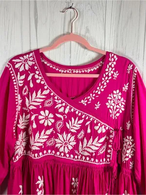 EMBROIDERED Boho Tunic Dress Bright Fuchsia and White, fits XL thumbnail 2