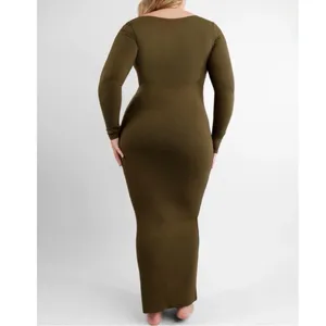 SHAPELLX Long‎ Sleeve Cut-Out Ribbed Shapewear Maxi Dress in Olive Green Size M thumbnail 2
