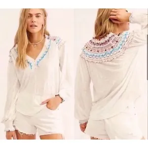 Free People White Siesta crochet embroidered colorful boho blouse small thumbnail 2
