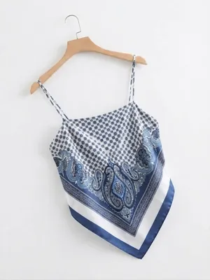 Zara Paisley Scarf Print Tie Back Handkerchief Cami Top Blue White XS-S NWT thumbnail 6
