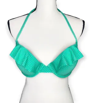 aerie Nina Polka Dot Ruffle Halter Padded Bikini Top 36D Green Retro Swimwear thumbnail 1