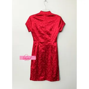 Asian Chinese Oriental Japanese Red Satin Stretchy Mandarin Short Sleeve Dress S thumbnail 3