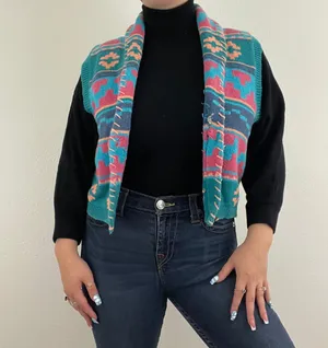 Vintage 90s Teal Blue Pink Southwestern Aztec Button Up Sweater Vest thumbnail 2