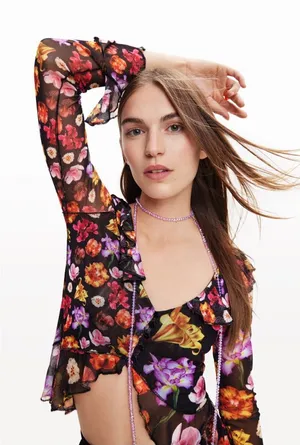 Desigual Mesh Sheer Dark Floral Garden Top Size SMALL thumbnail 1