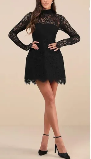Lulu's - Gorgeous Attraction Lace Structured Long Sleeve Mini Dress in Black thumbnail 1