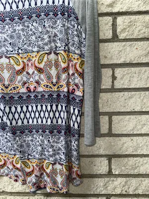 Cato Grey Raglan Mixed-Print Long Sleeve Top with Navy and Yellow Accents thumbnail 5