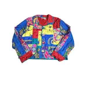 Vintage 100% Silk Patchwork Chicos Jacket Large (2) Pockets‎ Boho Rainbow #A4-1 thumbnail 5