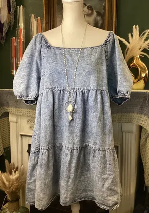 Denim by Flying Tomato Acid Wash Puff Sleeve Tiered Babydoll Mini Dress L AD2228 thumbnail 1