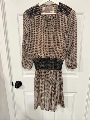 Anthropologie Vanessa Virginia Dress XS Black Tan Smocked Waist Boho thumbnail 8