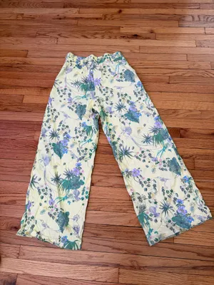 INC International Concepts Linen High Waist pleated Yellow Floral Wide Sz M Pants bright vibrant cottage thumbnail 6